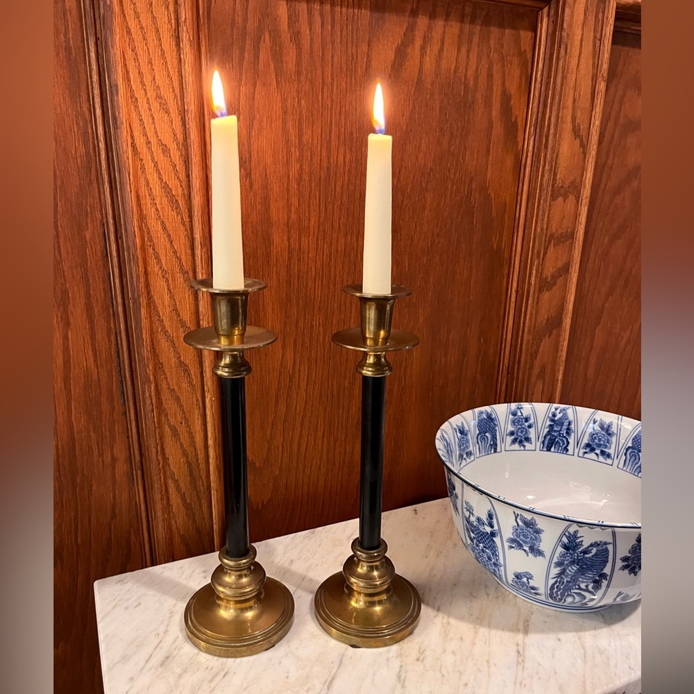 Brass and Black Taper Candle Holders - Pair